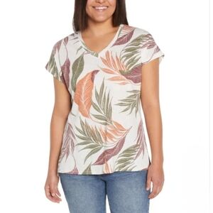 Orvis Top Tropical Leaf Print Linen Blend Women's  Size XL Short Sleeve T-shirt